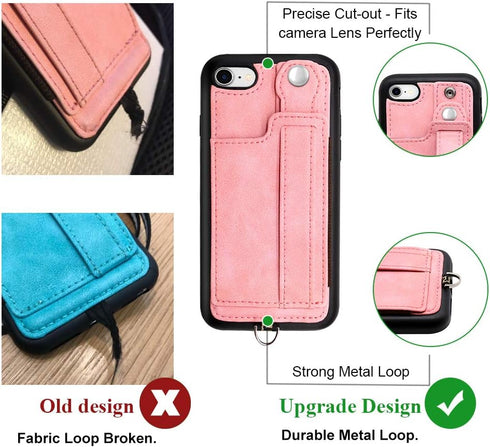 TOOVREN iPhone SE/7/8 Case, Pink Leather Wallet with Card Holder, Kickstand, Neck Strap, Adjustable Hand Strap, Wireless Charging Compatible...